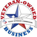 Texas Veterans Commission Veteran-Owned Business Certification badge featuring a blue star, red and white stripes, and bold text indicating official recognition as a veteran-owned business.