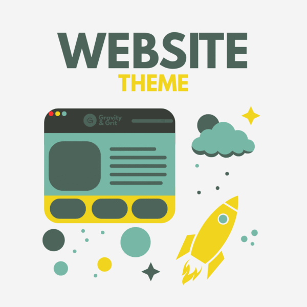 Stylized web browser layout with yellow and teal accents, rocket icon, and the text "Website Theme" by Gravity and Grit.